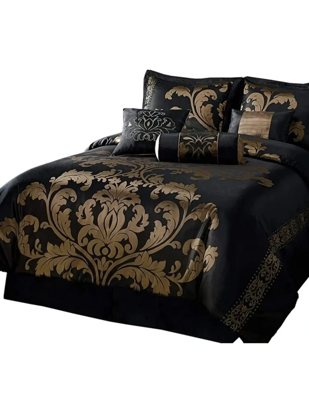 Luxury Black and Gold Damask Queen 3 piece Comforter Set
